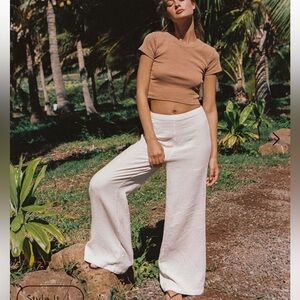LSPACE Santos Textured Cream Gauze Wideleg Pull On Pants